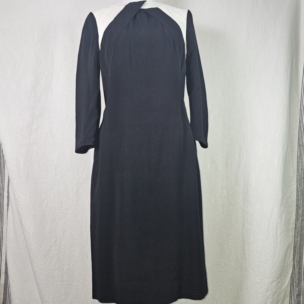 Rena Lange Black/ Ivory Midi Dress Sz 6 Longsleeve Crepe Classic